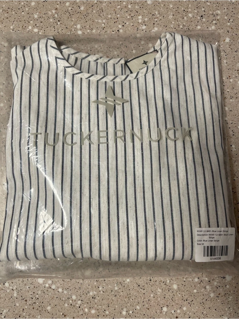 Tuckernuck Stripe Edie Puff Sleeve Top in Blue Linen New Cropped Size Medium